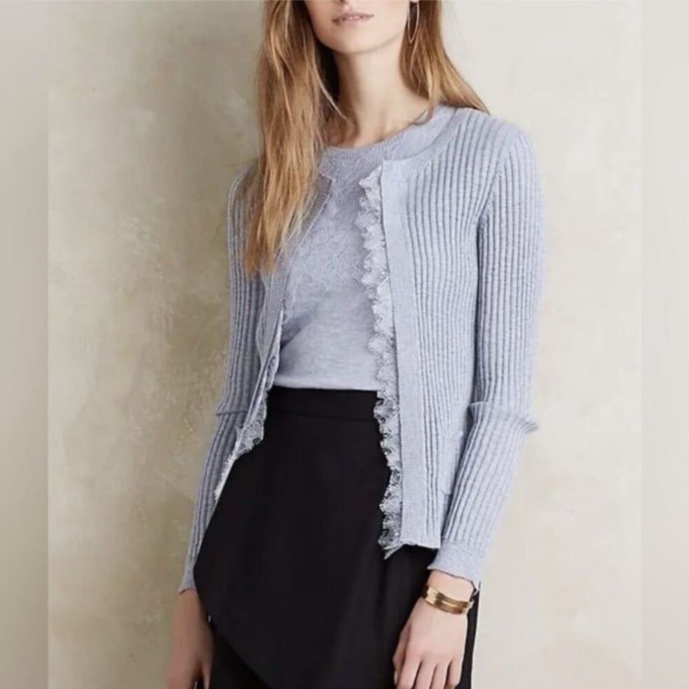 Anthropologie Knitted & Knotted Open Front Lace Trim Blue Ribbed Cardigan small